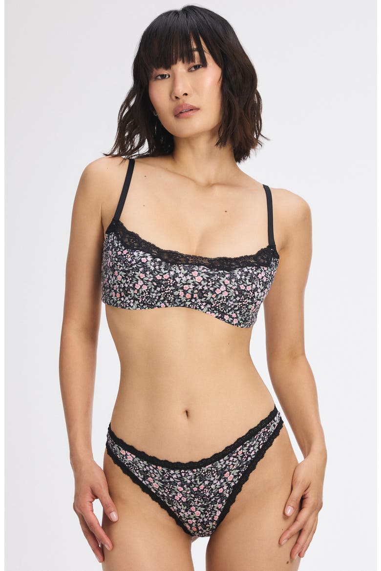 Cotton Essentials Lace Trim Thong, Alternate, color, BLACK CAVIAR FLORAL POP PRINT