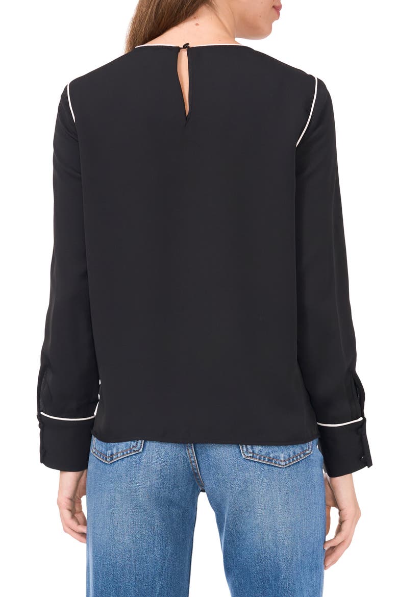 Piped Long Sleeve CrÃªpe de Chine Top, Alternate, color, RICH BLACK