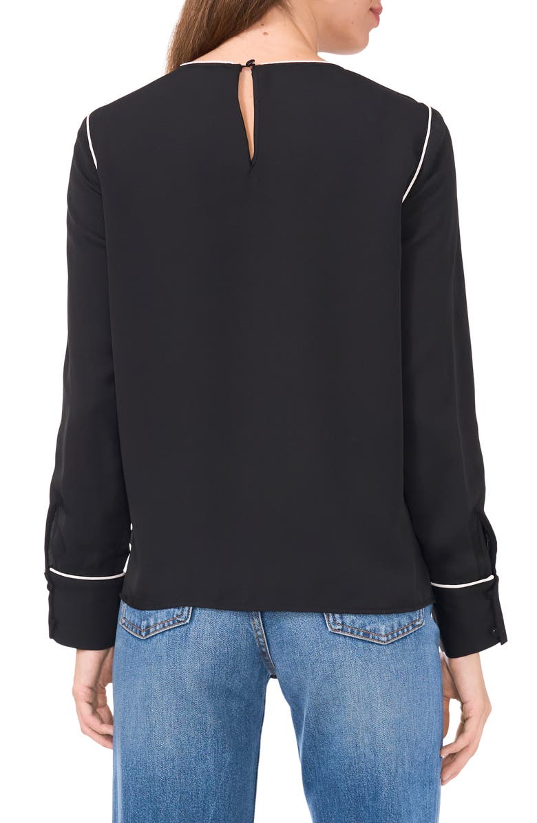 Vince Camuto Piped Long Sleeve CrÃªpe de Chine Top, Alternate, color, Rich Black
