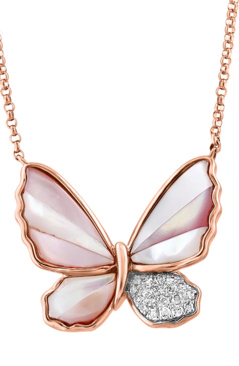 14K Rose Gold Mother-of-Pearl & Pavé Diamond Butterfly Pendant Necklace - 0.09ct.