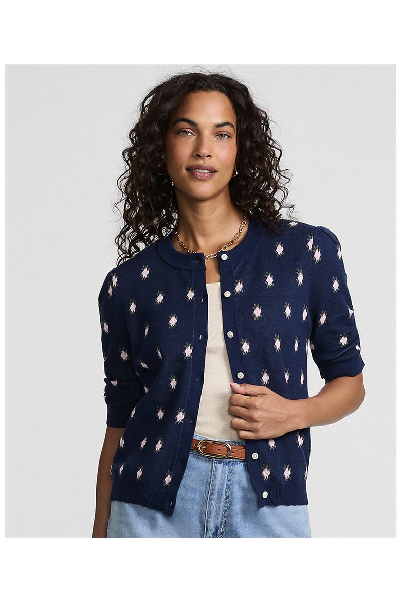 Ruched Sleeve Cardigan Sweater, Alternate, color, Blue/Pink Florals