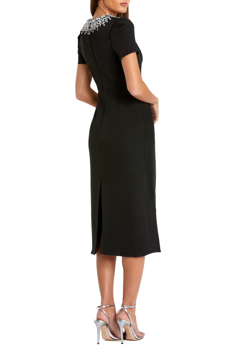 Petite Short Sleeve Rhinestone Neckline Midi Dress, Alternate, color, Black