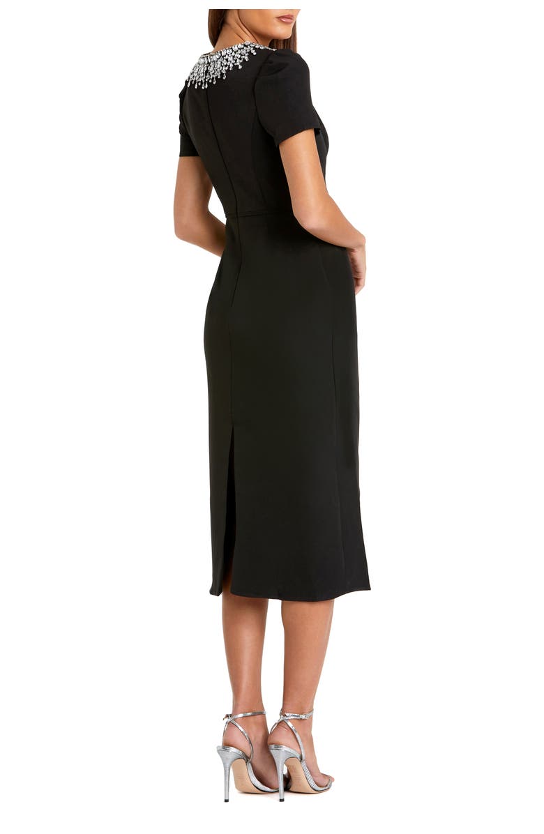 Mac Duggal Petite Short Sleeve Rhinestone Neckline Midi Dress, Alternate, color, Black