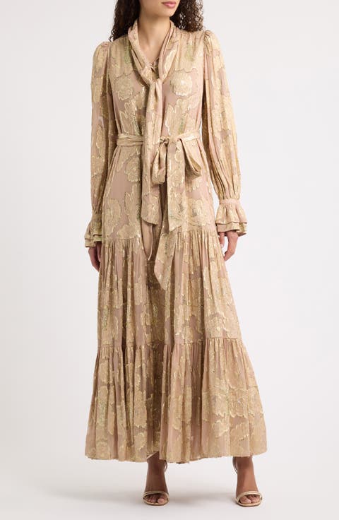 Rian Metallic Jacquard Tie Waist Long Sleeve Maxi Dress
