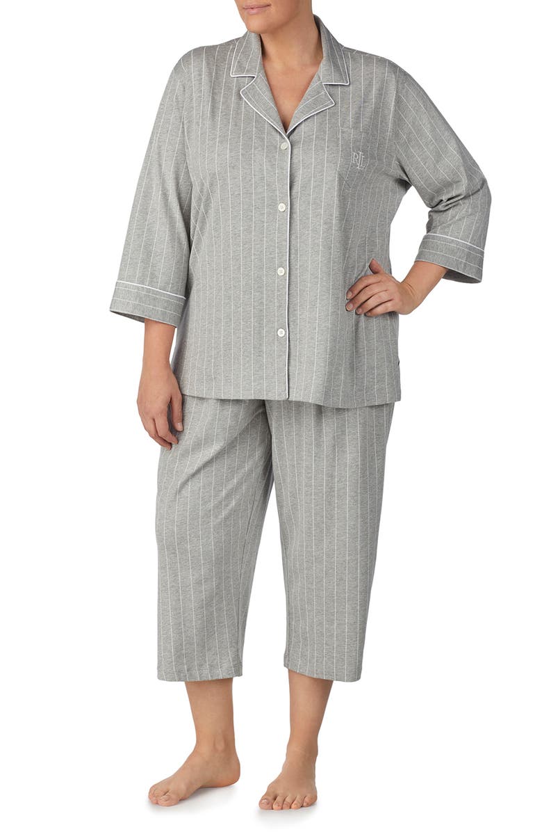 Lauren Ralph Lauren Knit Crop Pajamas, Main, color, Grey Stripe