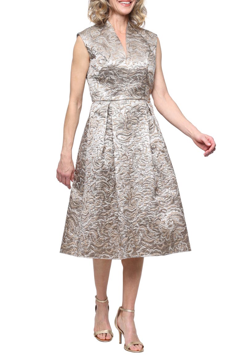 Metallic Jacquard Midi Cocktail Dress, Main, color, CHAMPAGNE/ SILVER