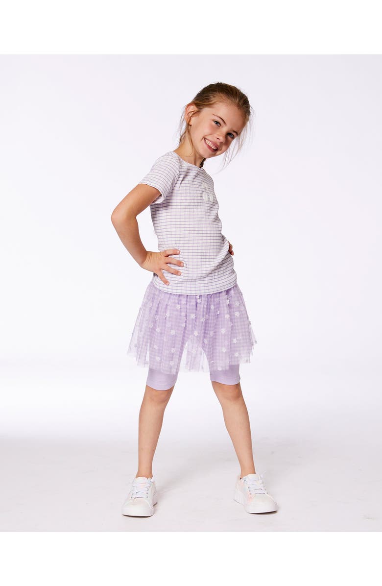 Deux par Deux Little Girl's Crinkle Biker Short With Flower Mesh Skirt Lilac With White Flowers, Alternate, color,