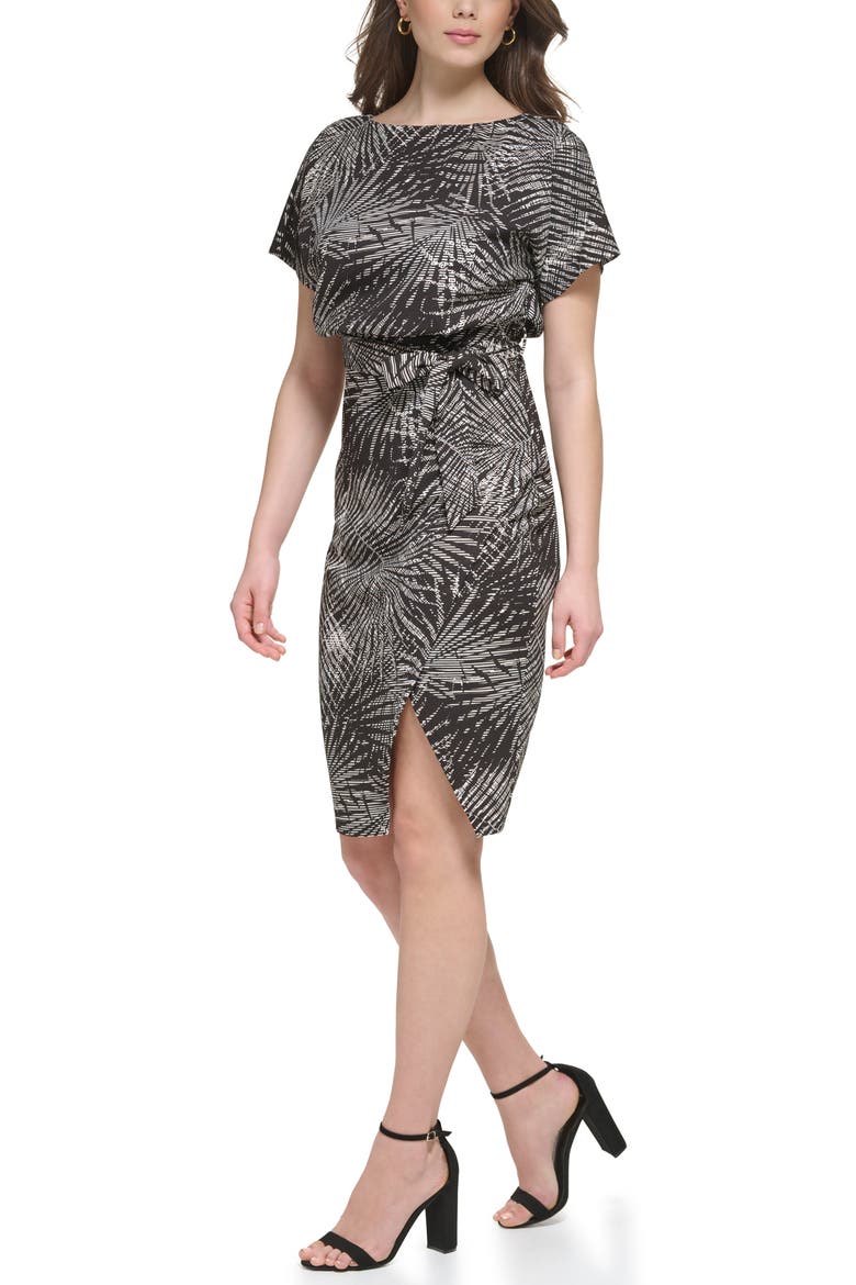 Palm Print Blouson Sheath Dress, Alternate, color, BLACK MULTI