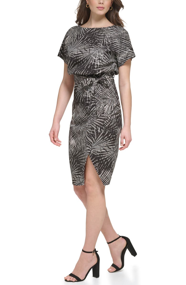 Kensie Palm Print Blouson Sheath Dress, Alternate, color,
