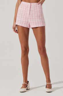 ASTR the Label Faux Pearl Trim High Waist Tweed Shorts