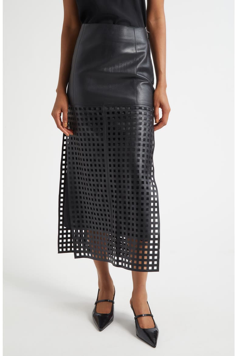 Laser Cut Nappa Leather Midi Skirt, Main, color, SOLID BLACK