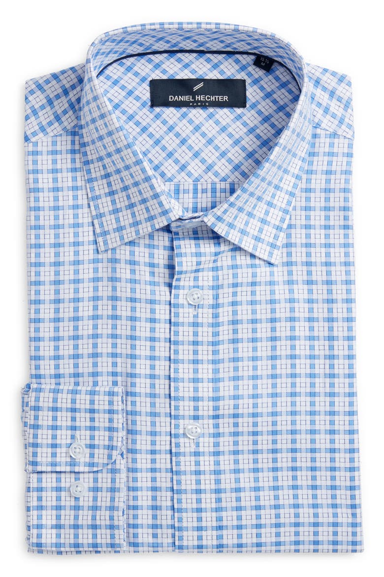 Trim Fit Fancy Check Cotton Dress Shirt, Alternate, color, NAVY