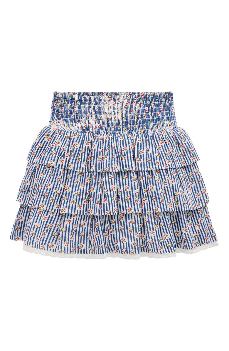 Mini Boden Kids' Smocked Waist Ruffle Skirt, Main, color, Bluejay Cherry Stripe