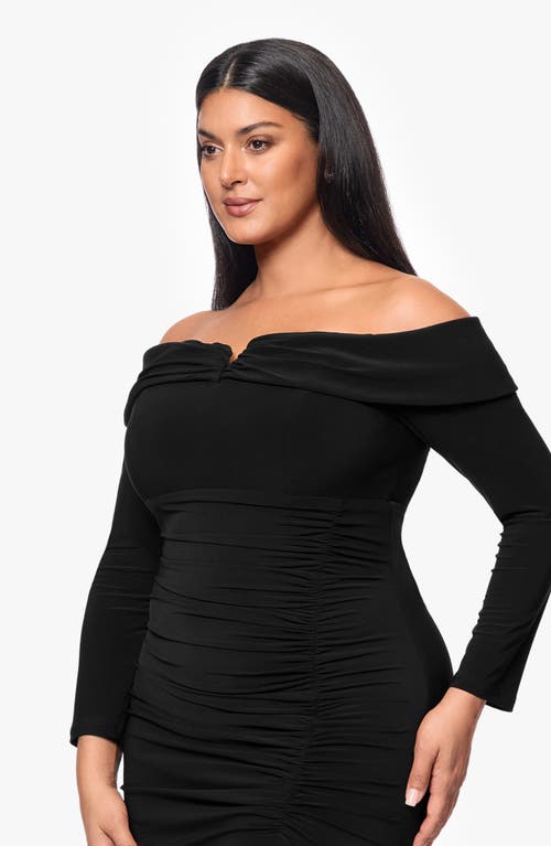 Xscape Evenings Ruched Off The Shoulder Long Sleeve Sheath Gown In Black