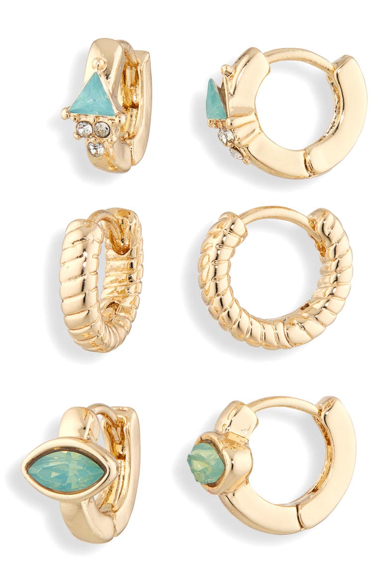 Set of 3 Opaline Crystal Huggie Hoop Earrings, Main, color, GREEN- GOLD