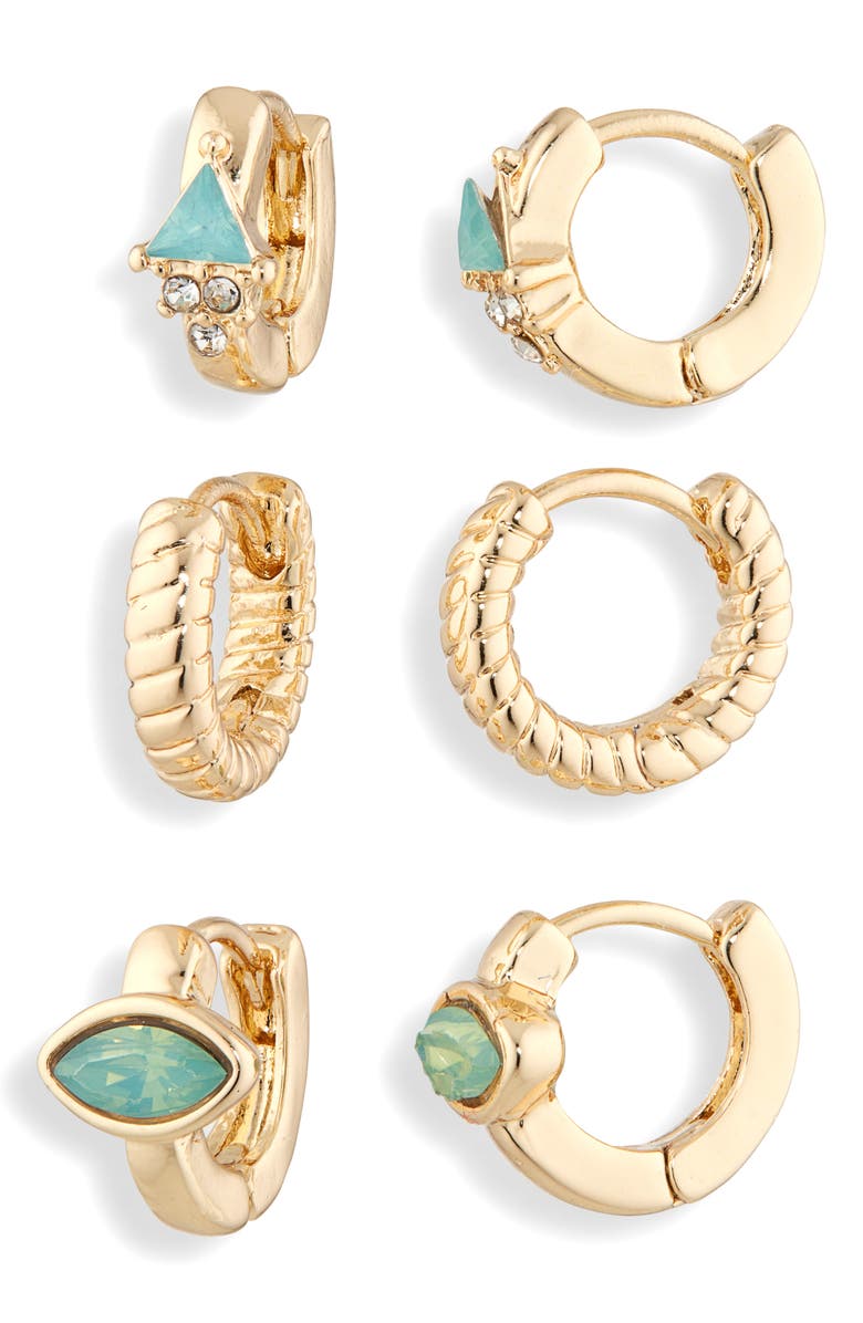 NORDSTROM RACK Set of 3 Opaline Crystal Huggie Hoop Earrings, Main, color, Green- Gold