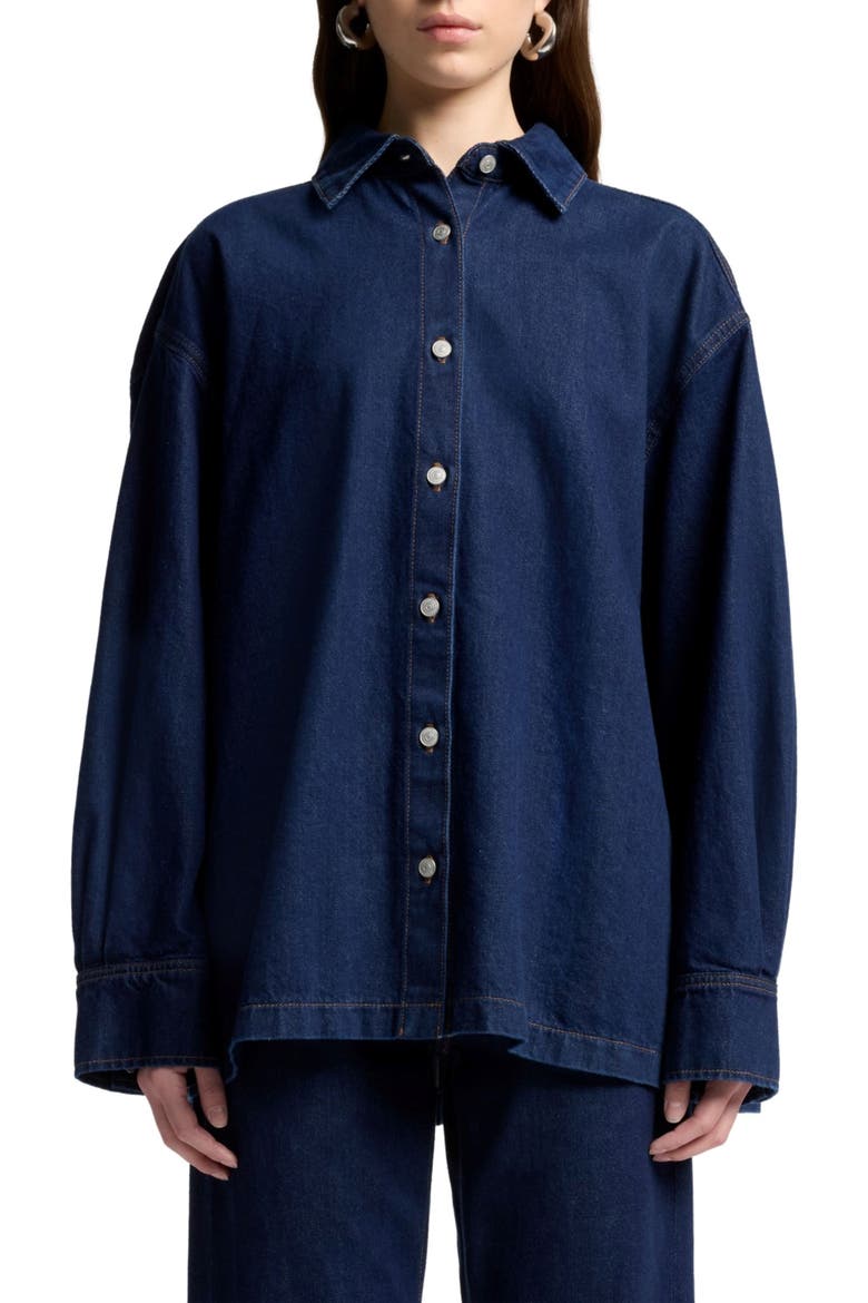 Pleated Oversize Cotton Denim Shirt, Main, color, FRANKLIN