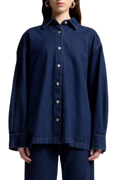Pleated Oversize Cotton Denim Shirt