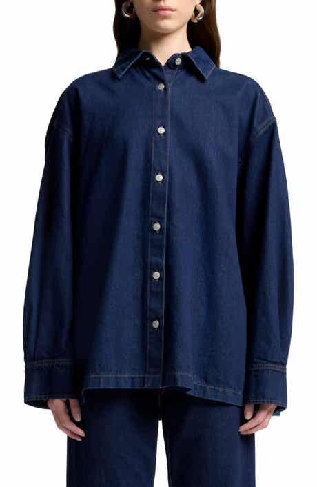 Pleated Oversize Cotton Denim Shirt