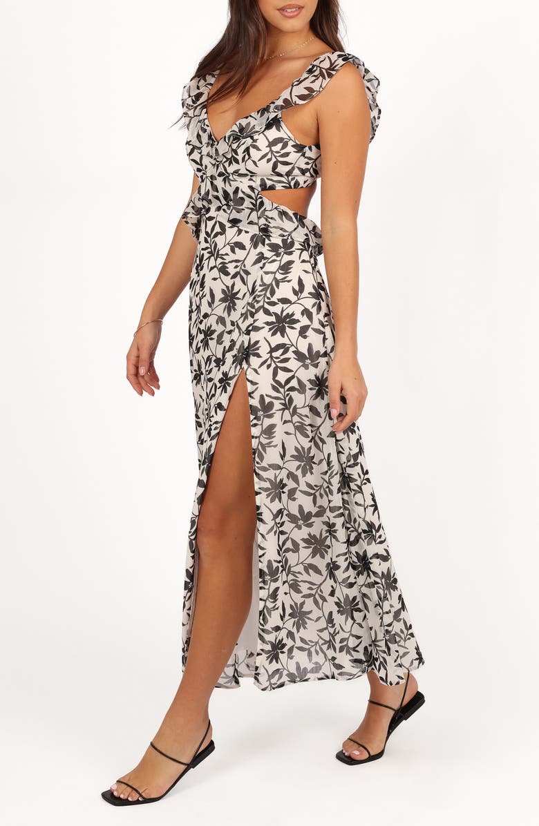 Petal & Pup Rory Floral Ruffle Detail Open Back Maxi Dress, Alternate, color, White Black Floral