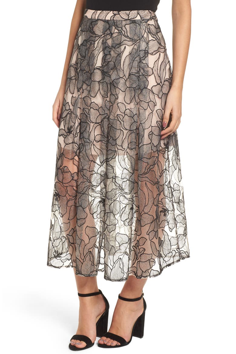 Pleated Lace Skirt, Main, color, BLACK / NUDE EMBROIDERY