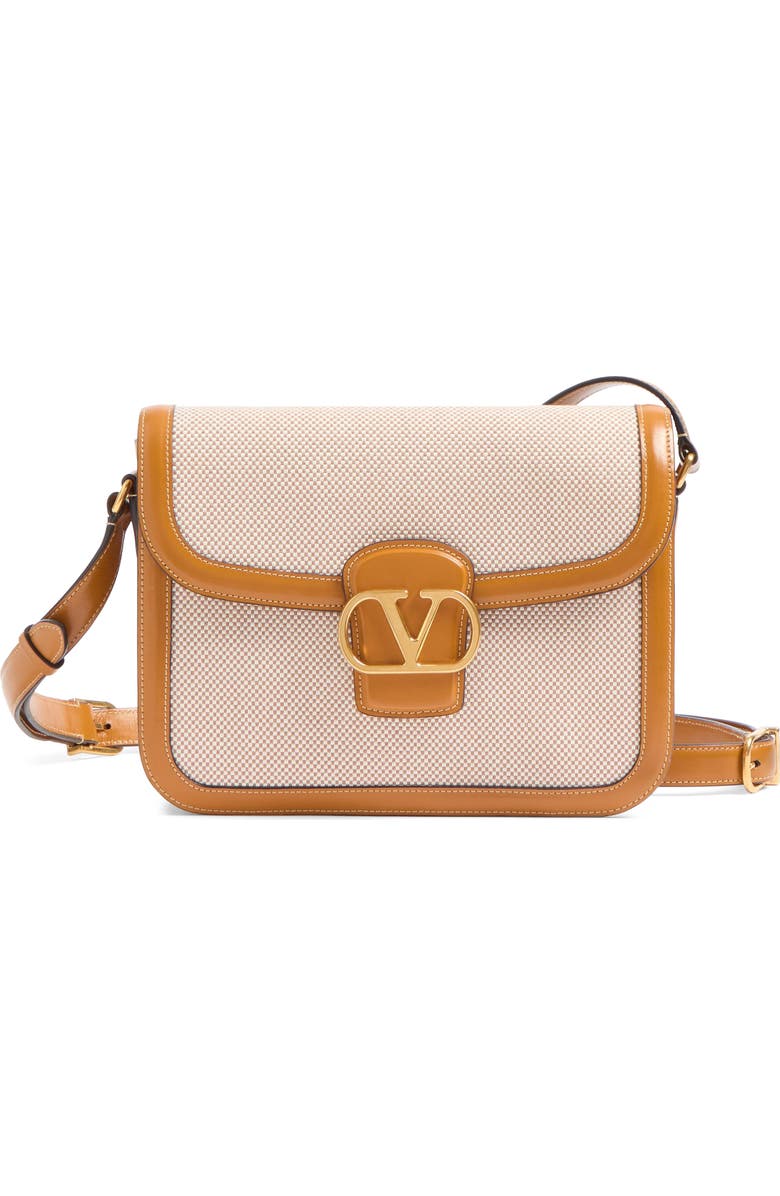 Valentino Garavani 9TO5 Canvas & Leather Shoulder Bag, Main, color, Natural/ Tabacco