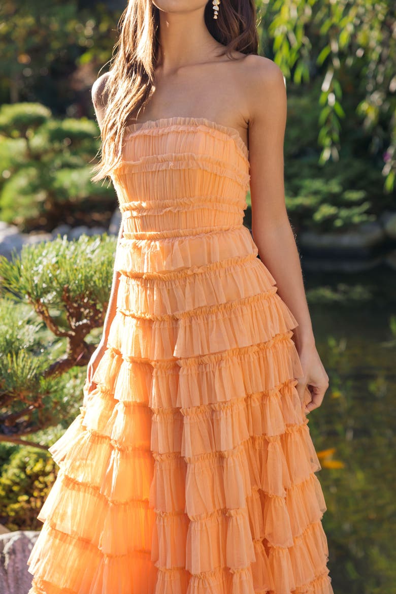 Solid Mesh Micro Ruffle Strapless Midi Dress, Alternate, color, Sherbet