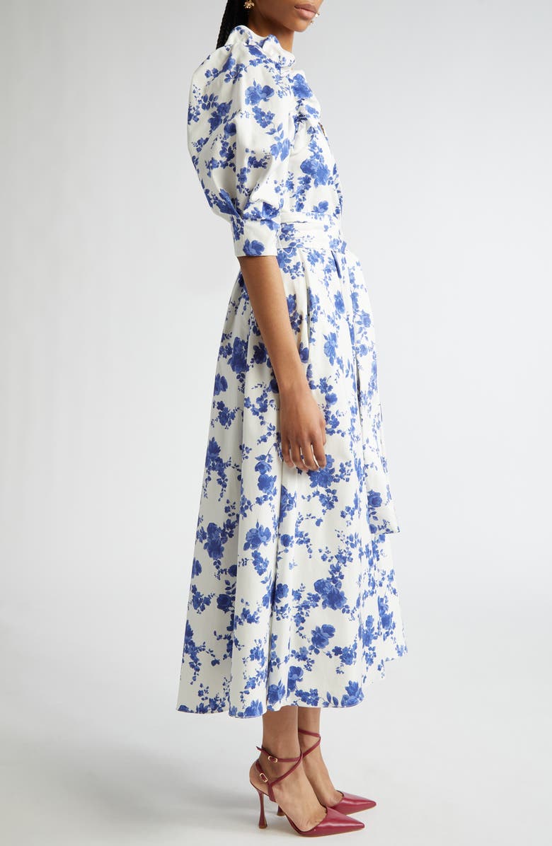 Carolina Herrera Floral Print Puff Sleeve Faux Wrap Dress, Alternate, color, White Multi