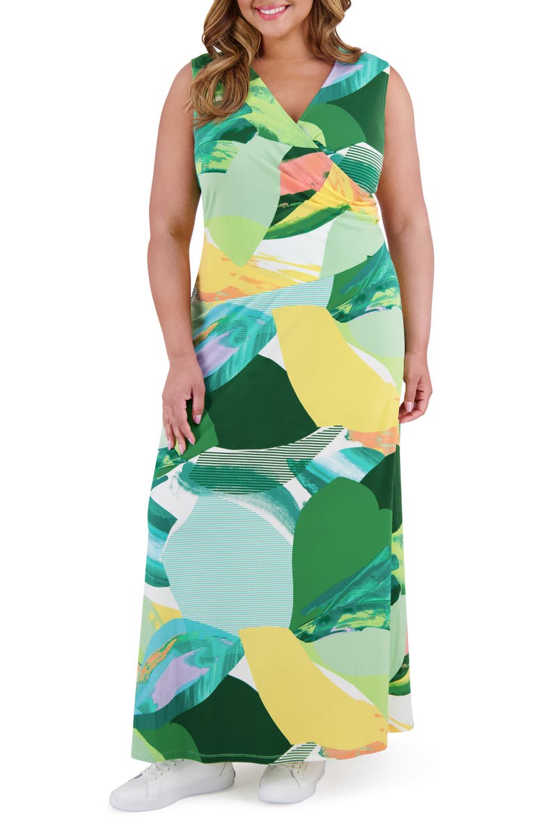 London Times Shirred Faux Wrap Maxi Dress, Main, color, White/ Olive