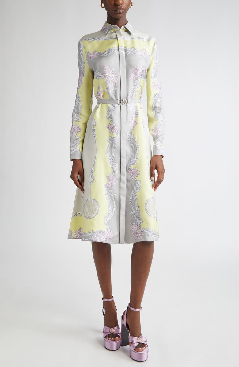Versace Medusa Cameo Print Belted Long Sleeve Silk Shirtdress, Main, color,