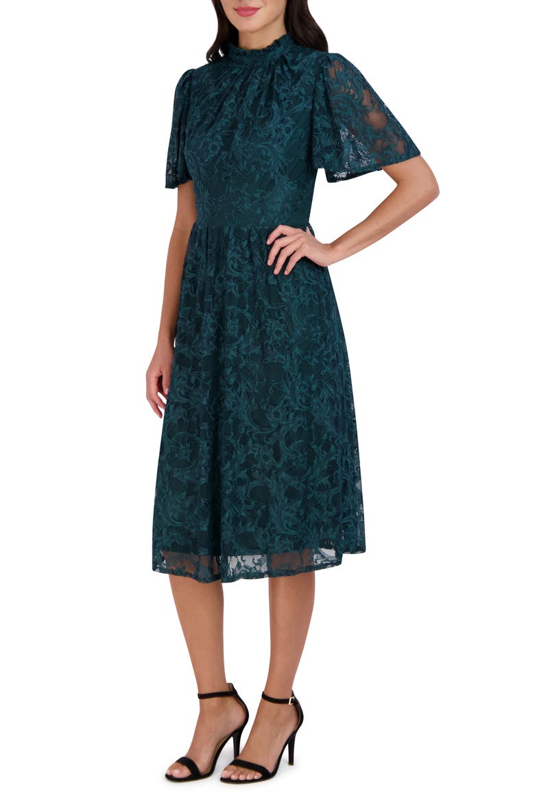 Flutter Sleeve Lace Mock Neck Midi Dress, Alternate, color, GREEN