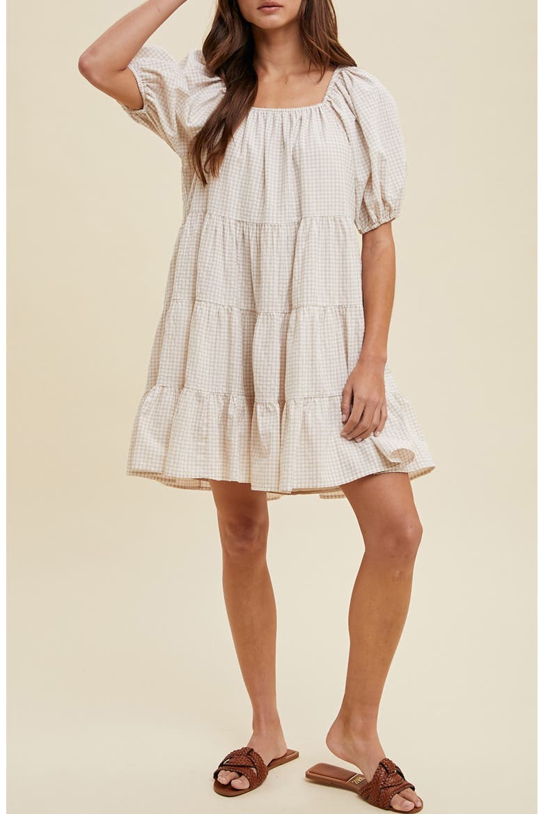 Plaid Puff Sleeve Cotton Blend Tiered Minidress, Main, color, CREAM/ TAUPE