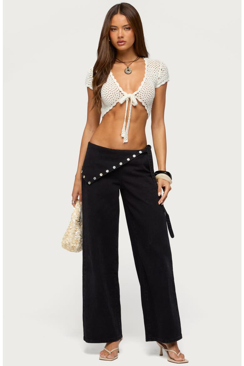Button Foldover Low Rise Wide Leg Jeans, Alternate, color, DENIM-BLACK