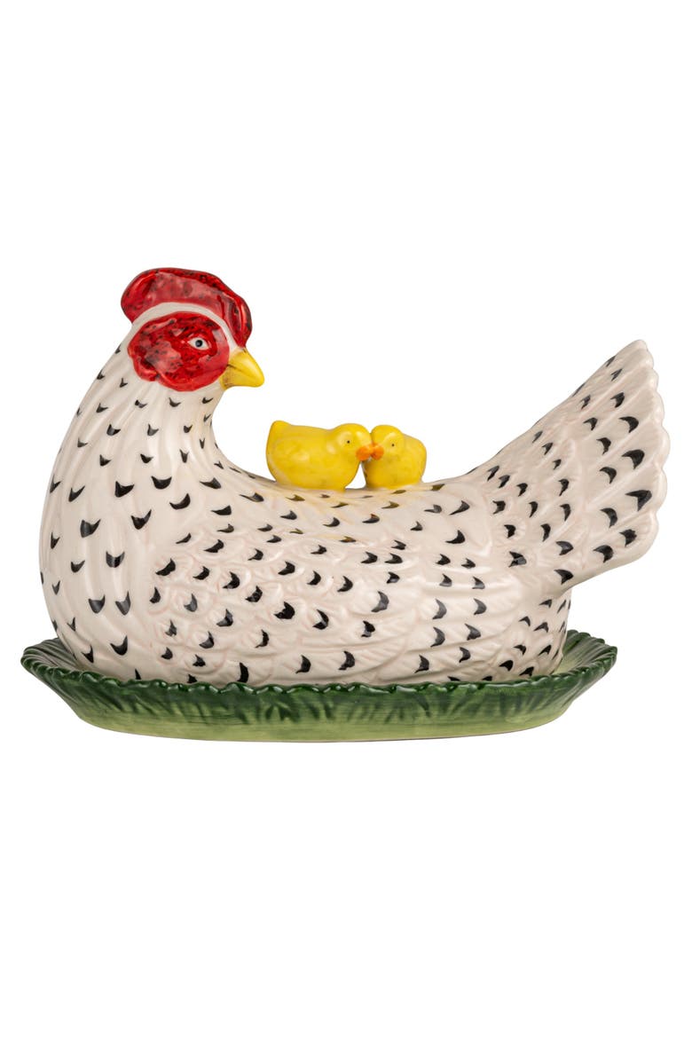 Vintage Reproduction Hen Shaped Butter Dish with Chicks, Alternate, color, White