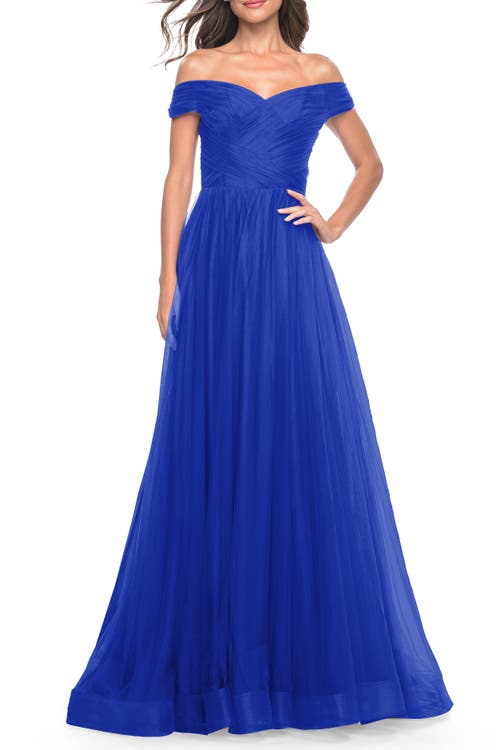 La Femme A-line Tulle Prom Dress With Off The Shoulder Top In Royal Blue