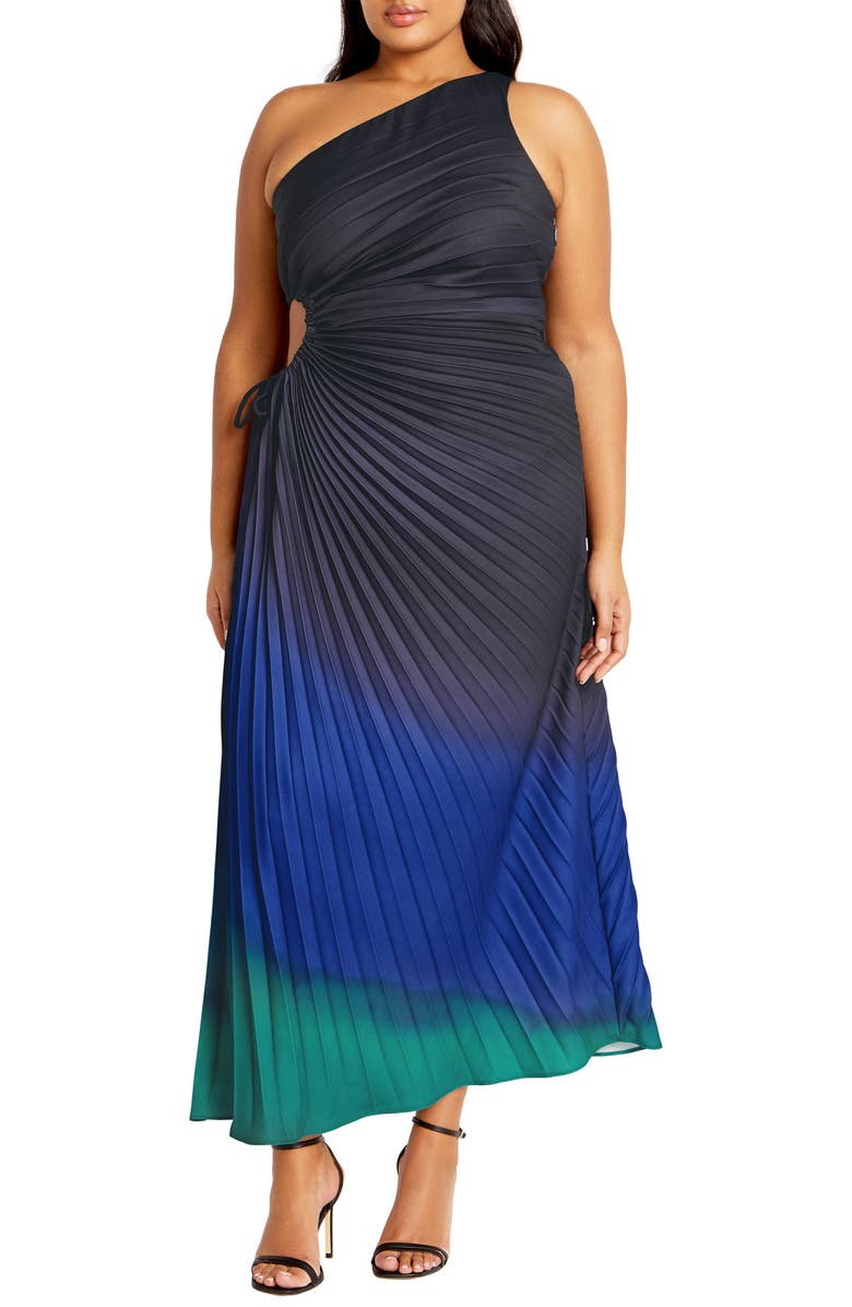 City Chic Aliza One-Shoulder Side Cutout Pleated Dress, Main, color, Hypnotise