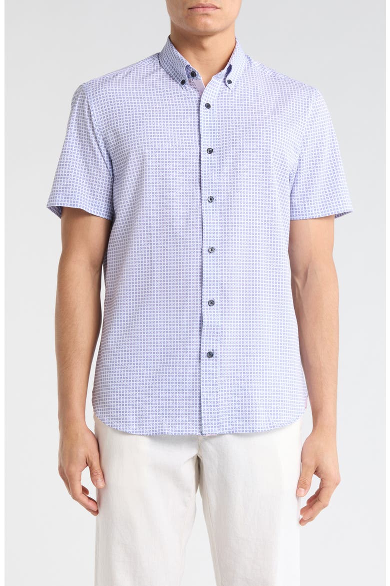 Slim Fit Geometric Print Short Sleeve Button-Down Shirt, Main, color, PINK