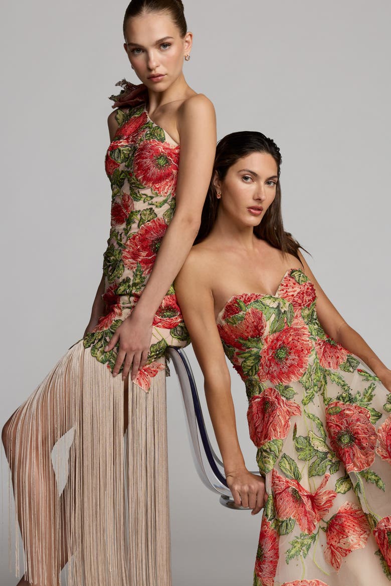 Embroidered One Shoulder Dress With Fringe Hem, Alternate, color, Nude Multi