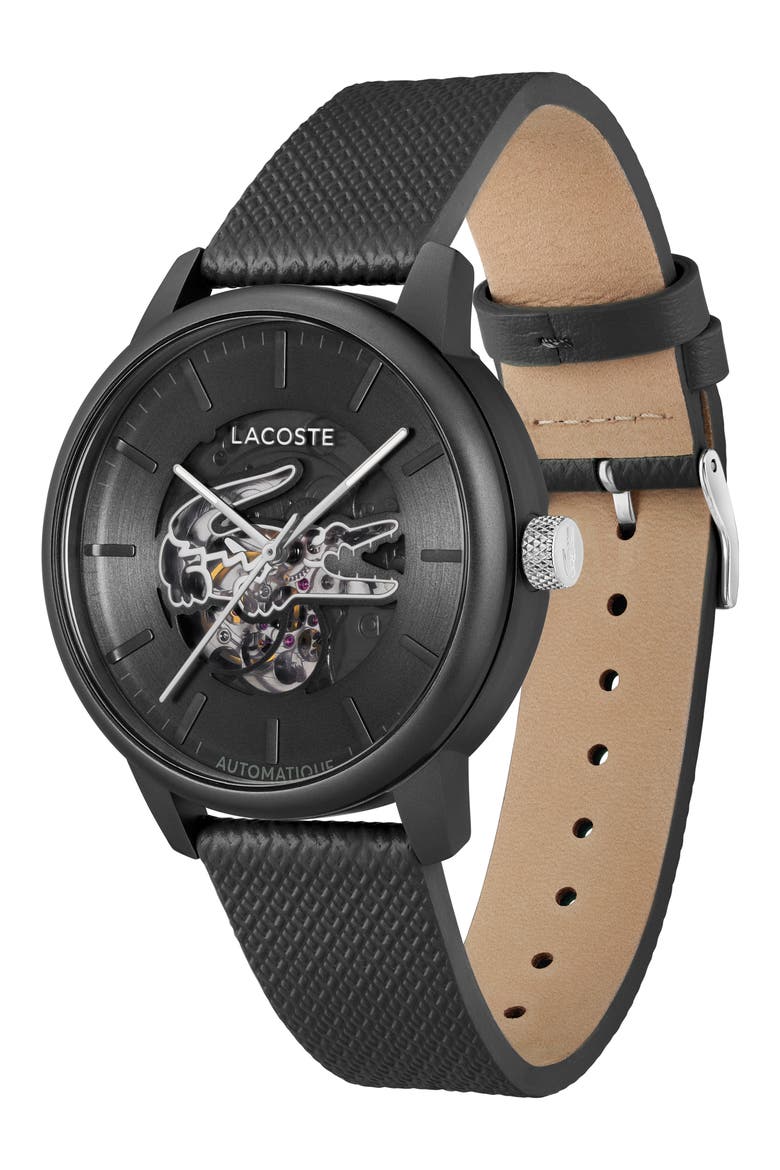 12.12 Automatique Leather Strap Watch, 44mm, Alternate, color, BLACK