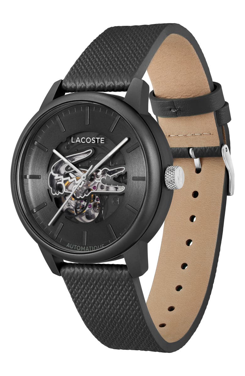 Lacoste 12.12 Automatique Leather Strap Watch, 44mm, Alternate, color, Black