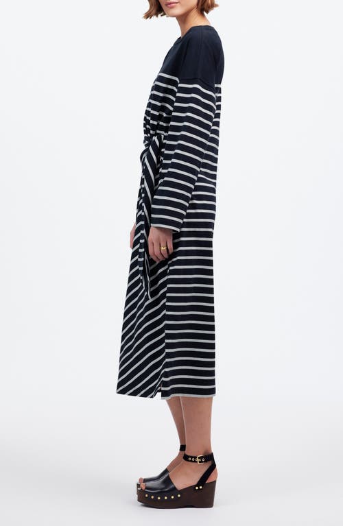 Madewell Stripe Side Tie Long Sleeve Knit Maxi Dress In Placed Stripe Dark Navy