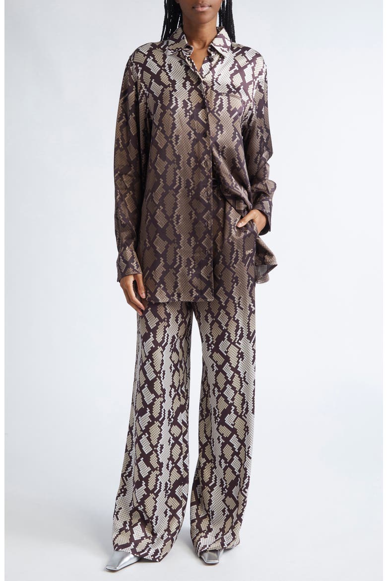 Snakeskin Print Satin Button-Up Shirt, Alternate, color, NATURAL