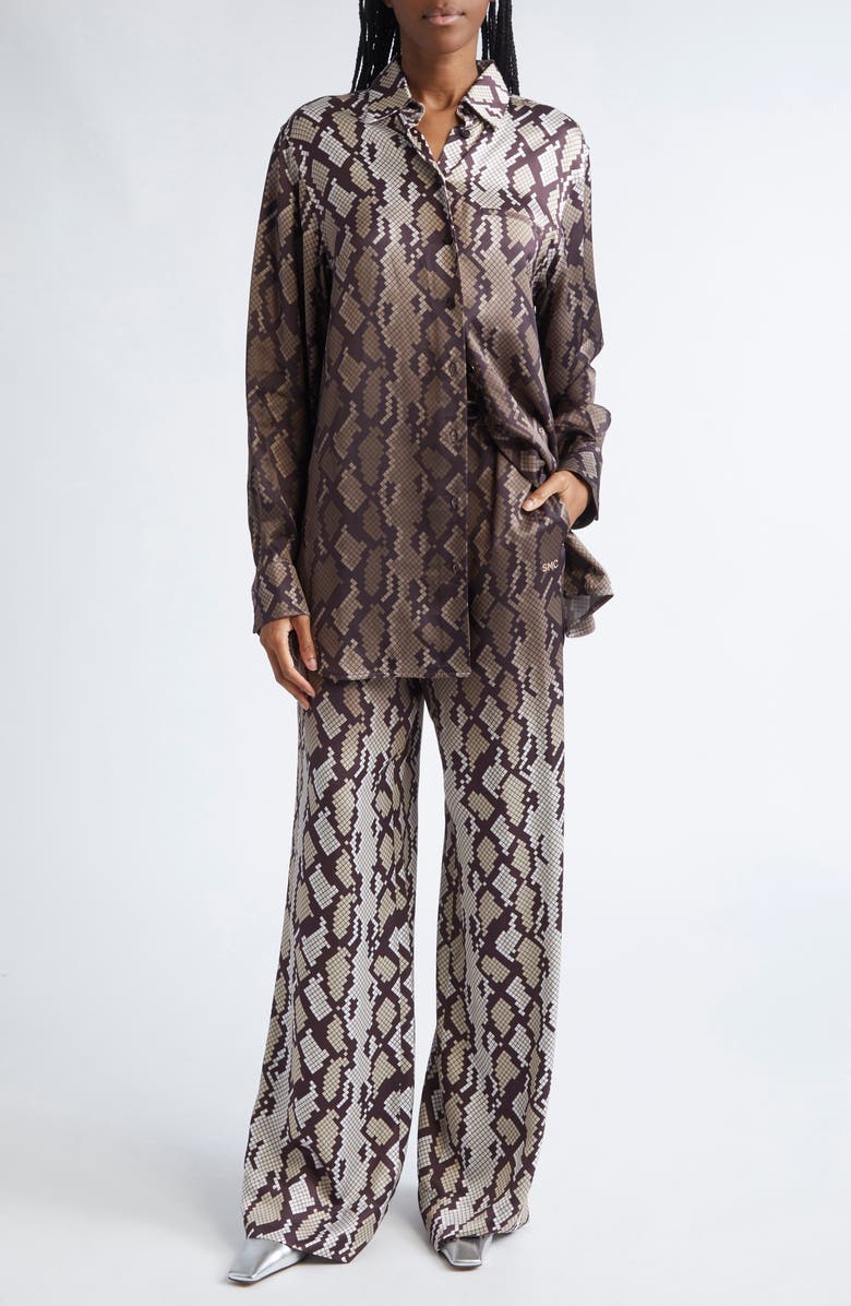 Stella McCartney Snakeskin Print Satin Button-Up Shirt, Alternate, color, Natural