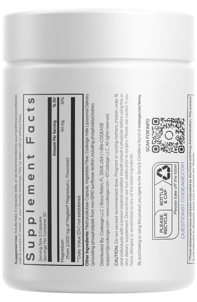 Codeage Liposomal Magnesium L-Threonate Supplement, Alternate, color, White