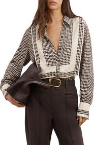 Reiss Harper Houndstooth Tuxedo Bib Button-Up Shirt