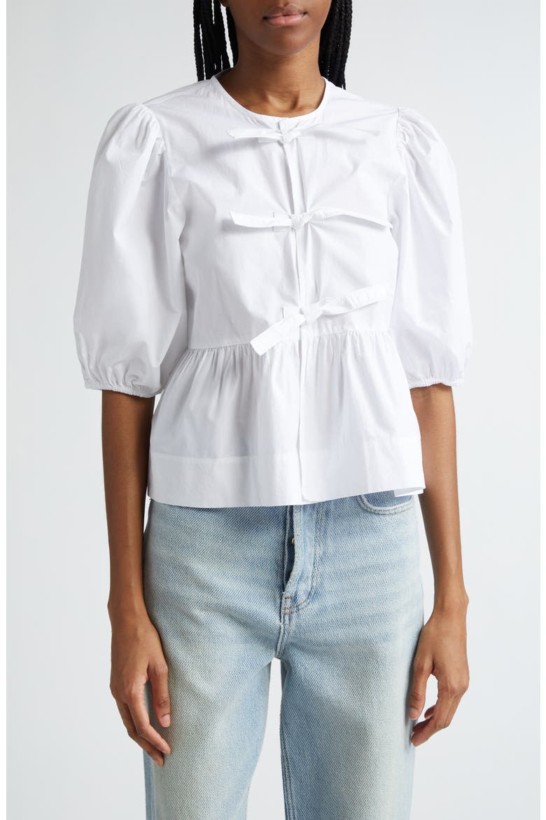 Puff Sleeve Organic Cotton Poplin Peplum Blouse, Main, color, BRIGHT WHITE