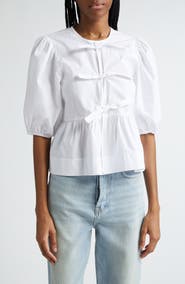 Ganni Puff Sleeve Organic Cotton Poplin Peplum Blouse