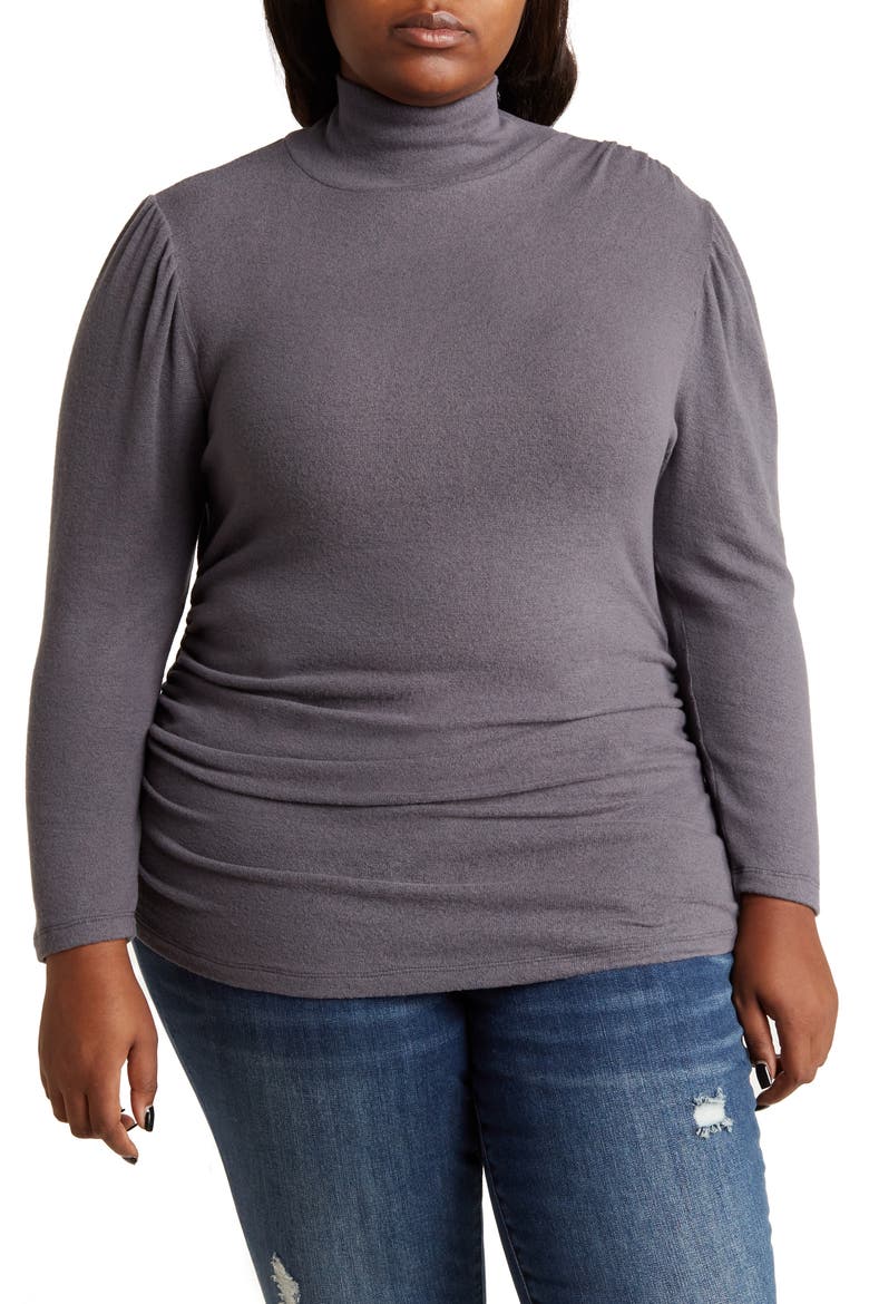 Turtleneck Long Sleeve Ruched Top, Main, color, CHARCOAL