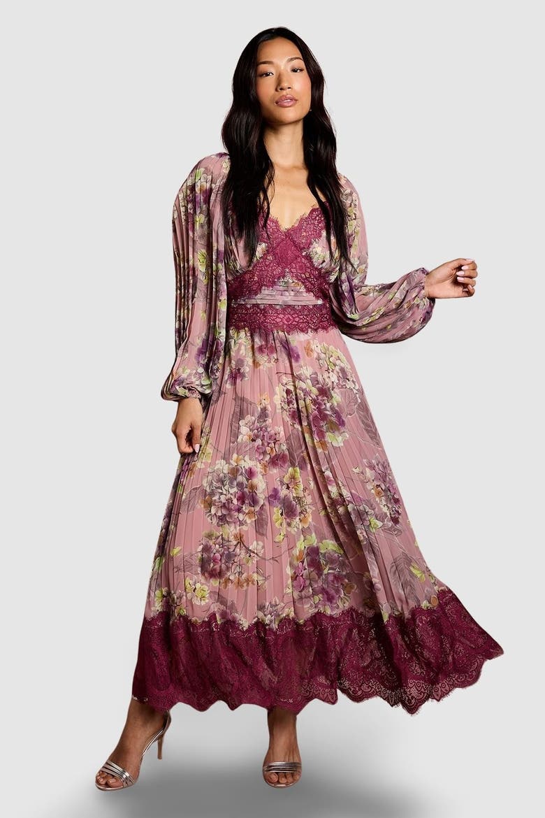 Pleated Lace Trim Midaxi Dress, Main, color, Pink