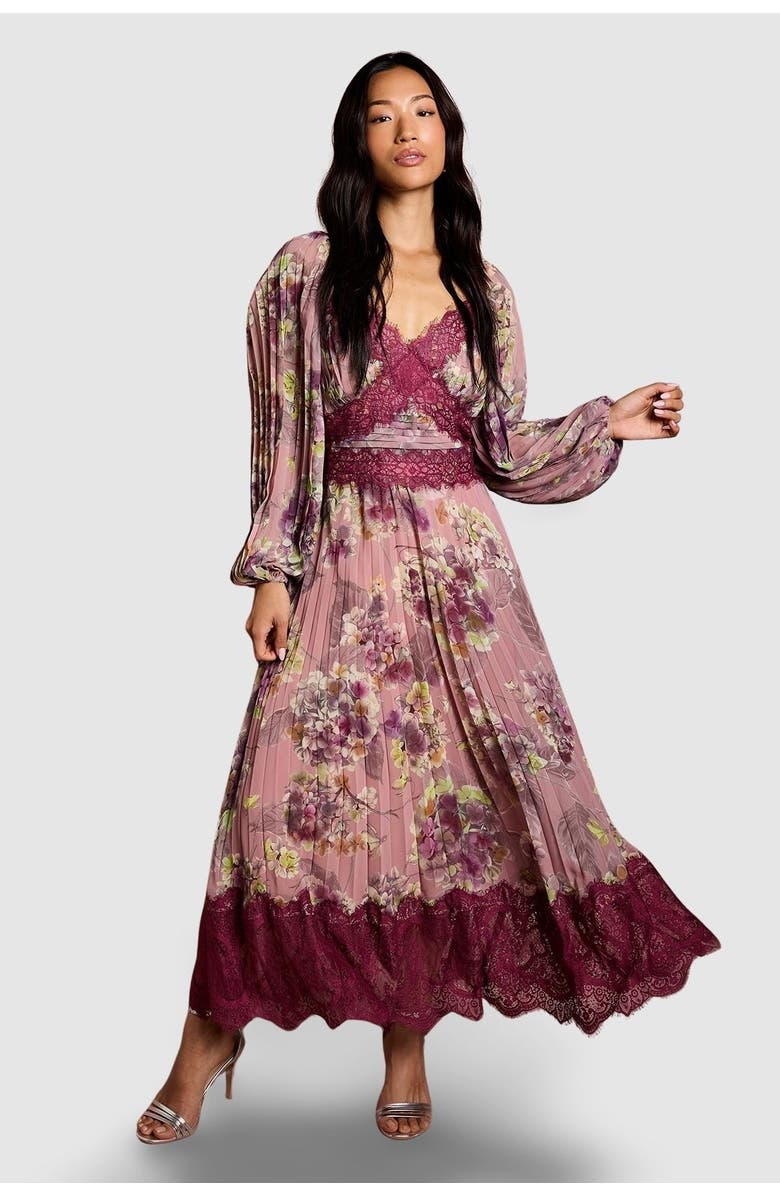 Coast Pleated Lace Trim Midaxi Dress, Main, color, Pink